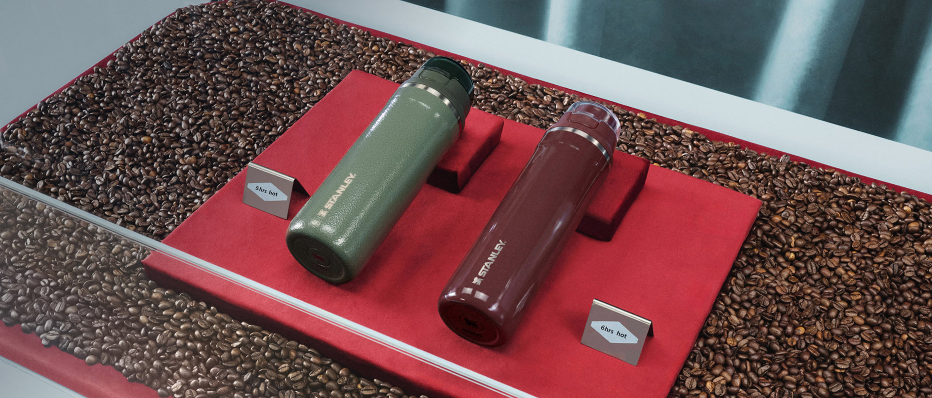 Stanley drinkware on a coffee bean display